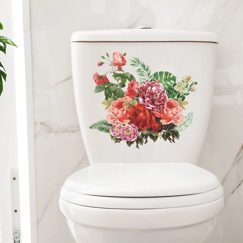 Pegatina de Pared Vintage de Peonía y Rosa de PVC Impermeable Autoadhesiva para Tapa de Inodoro Decoración Floral