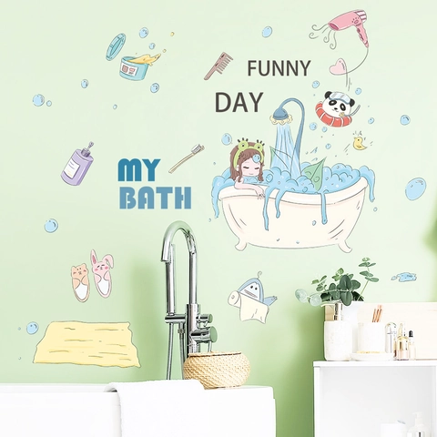 Cartoon Little Girl Bathing Wall Sticker Waterproof PVC Bathtub Scene Decor Decal For Bathroom Kids Room Home Decoration