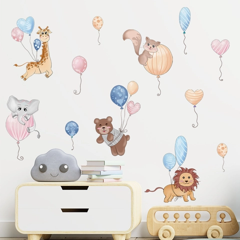 Cartoon Tiere Ballon Wandtattoo Für Kinderzimmer Löwe Elefant PVC Selbstklebend Abnehmbar Home Decor Wandaufkleber