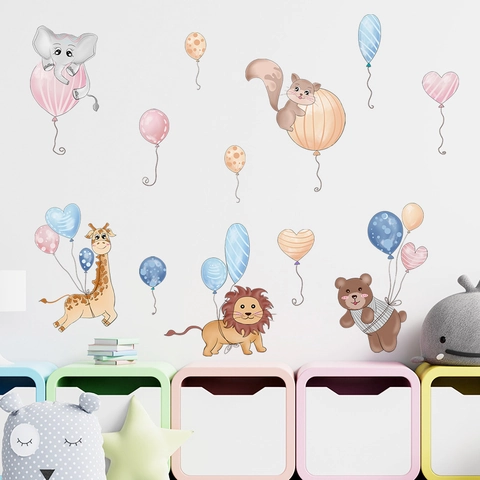 Cartoon Tiere Ballon Wandtattoo Für Kinderzimmer Löwe Elefant PVC Selbstklebend Abnehmbar Home Decor Wandaufkleber