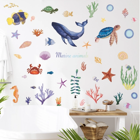 Cartoon Underwater World Whale Sea Turtles Wall Sticker PVC Waterproof Watercolor Ocean Animals Wall Decals For Kids Room Bathroom Decor