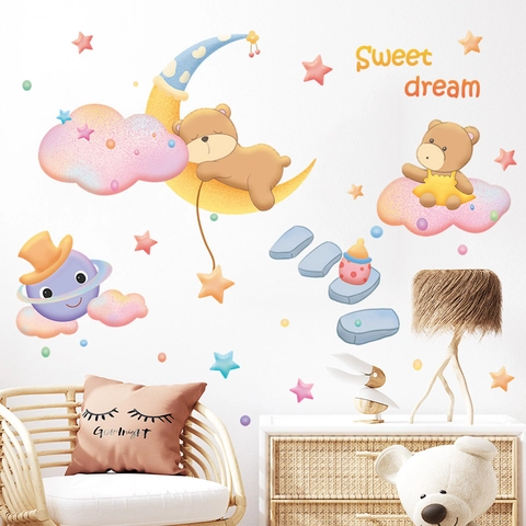 Cartoon Bear Moon Stars Wall Stickers For Kids Nursery Bedroom Decor Sweet Dream PVC DIY Removable Home Wall Decals