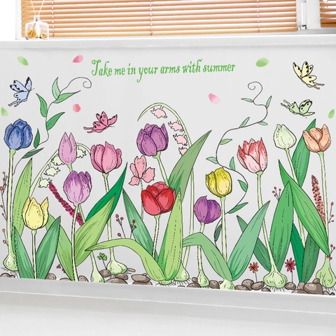 Sticker Mural Tulipe Fleur Papillon Coloré Avec Citation Moderne PVC Autocollant Décoration Murale pour Chambre Salon Maison