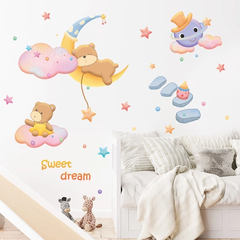 Cartoon Bear Moon Stars Wall Stickers For Kids Nursery Bedroom Decor Sweet Dream PVC DIY Removable Home Wall Decals