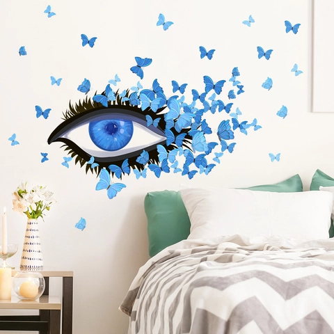 Artistic Blue Butterfly Eye Wall Sticker PVC Self Adhesive Decor For Bedroom Living Room Home Aesthetic Artistic Wall Decals