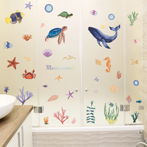 Cartoon Underwater World Whale Sea Turtles Wall Sticker PVC Waterproof Watercolor Ocean Animals Wall Decals For Kids Room Bathroom Decor