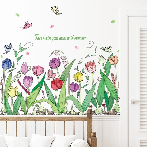 Sticker Mural Tulipe Fleur Papillon Coloré Avec Citation Moderne PVC Autocollant Décoration Murale pour Chambre Salon Maison