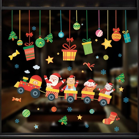 Christmas Cartoon Santa Claus Animal Train Wall Sticker DIY PVC Holiday Decoration For Children Room Glass Window Clings