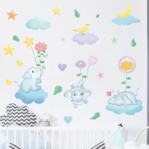 Simpatici Adesivi Murali Elefante Cartone Animato Nuvole Stelle Per Cameretta Bambini Arredamento PVC Impermeabile Acquerello Decalcomania