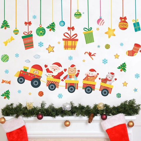 Christmas Cartoon Santa Claus Animal Train Wall Sticker DIY PVC Holiday Decoration For Children Room Glass Window Clings