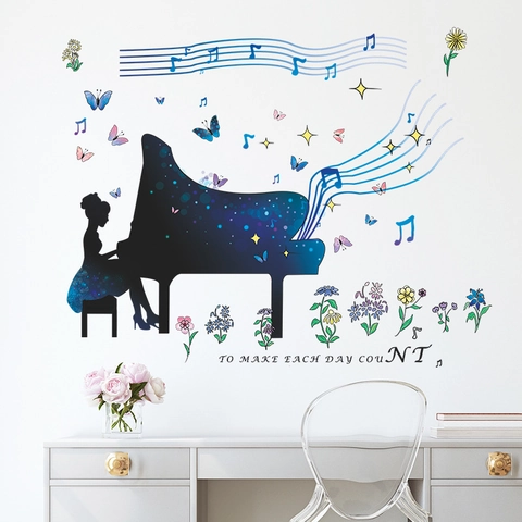 Vinilo de Pared Silueta Niña al Piano Cielo Estrellado Mariposa Flor Nota Musical Calcomanía para Dormitorio Sala de Estar Decoración