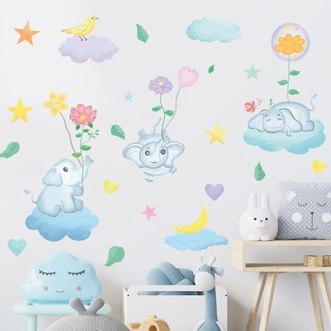Simpatici Adesivi Murali Elefante Cartone Animato Nuvole Stelle Per Cameretta Bambini Arredamento PVC Impermeabile Acquerello Decalcomania