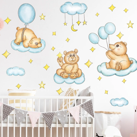 Adesivi Murali con Orsetti Cartoni Animati Nuvole e Stelle ad Acquerello per Cameretta Bambini Camera da Letto Decorazione in PVC