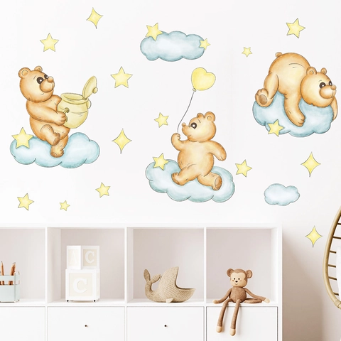 Vinilos Decorativos de Oso de Dibujos Animados en Acuarela Con Nubes Estrellas Luna para Habitación Infantil Guardería