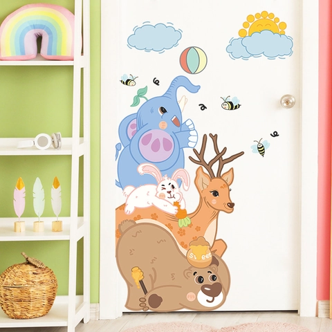 Cartoon Forest Animals Wall Decals Elephant Bear Deer Rabbit Wall Sticker For Kids Room Nursery Home Decor PVC DIY Removable Art Decal