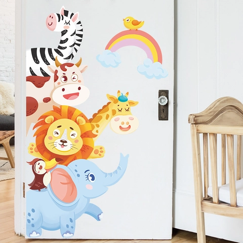 Sticker Mural Animaux Empilés Arc-en-Ciel PVC Décalcomanie Auto-Adhésive pour Chambre d'Enfant Crèche Décoration Murale Maison