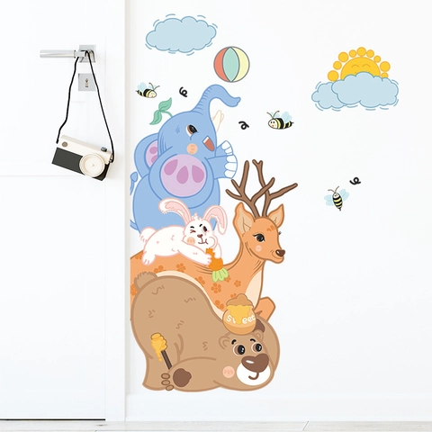 Cartoon Forest Animals Wall Decals Elephant Bear Deer Rabbit Wall Sticker For Kids Room Nursery Home Decor PVC DIY Removable Art Decal