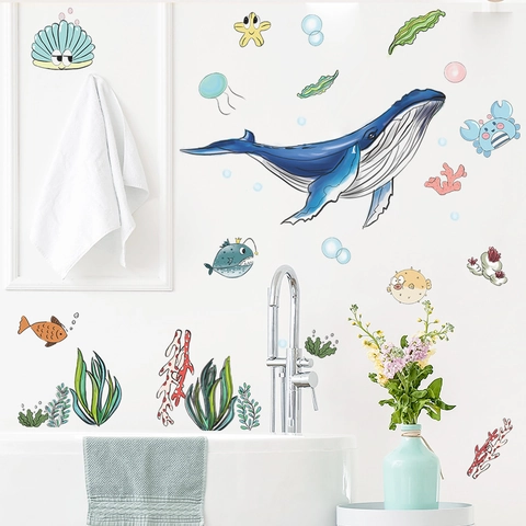 Cartoon Ocean Whale Coral Seaweed Bathroom Wall Stickers Waterproof PVC Removable DIY Marine Life Decals For Kids Room Decor