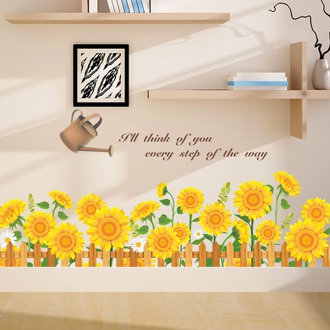 Sunflower Fence PVC Wall Stickers With Quote I'll Think Of You Removable Floral Wall Decal For Living Room Bedroom Kitchen Decor