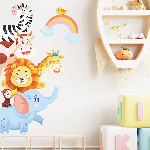 Sticker Mural Animaux Empilés Arc-en-Ciel PVC Décalcomanie Auto-Adhésive pour Chambre d'Enfant Crèche Décoration Murale Maison