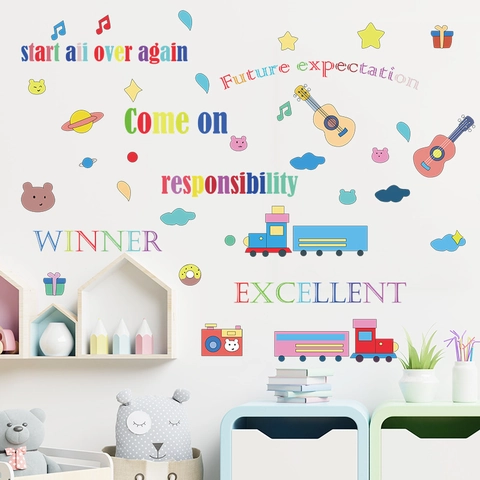 Cartoon Tier Zug Wandtattoo Bunte Englische Slogans Abnehmbare PVC Aufkleber Für Kinderzimmer Kindergarten Klassenzimmer Deko