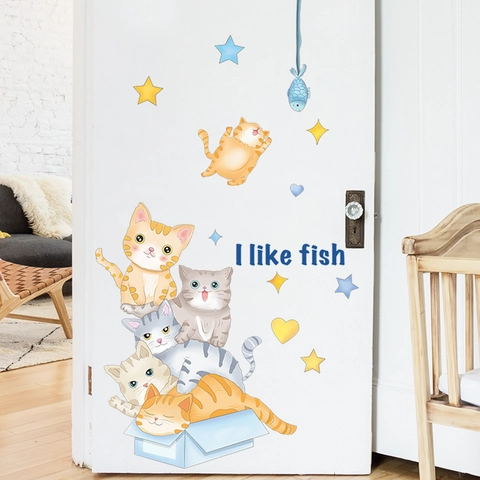 Cartoon Cats Stacking Fishing Wall Sticker Removable PVC Vinyl Wall Decal For Kids Room Kindergarten Home Decor