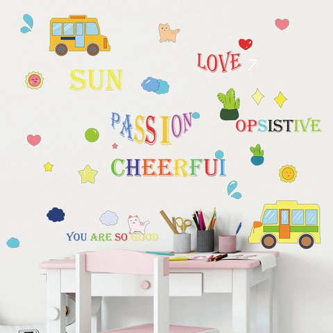 Colorful Cartoon School Bus English Slogans Wall Stickers For Children Room Kindergarten Nursery Home PVC Decorative Wall Decals