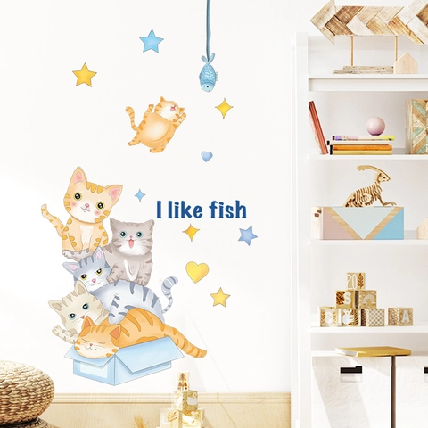 Cartoon Cats Stacking Fishing Wall Sticker Removable PVC Vinyl Wall Decal For Kids Room Kindergarten Home Decor