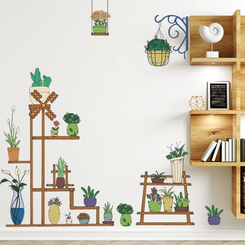 Pegatinas de Pared de Plantas en Maceta Estante de Madera Retro Suculentas Verdes Calcomanías de PVC Autoadhesivas Para Dormitorio Salón Casa