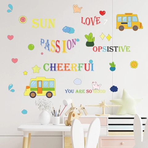 Colorful Cartoon School Bus English Slogans Wall Stickers For Children Room Kindergarten Nursery Home PVC Decorative Wall Decals