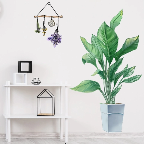 Sticker Mural Plante Tropicale en Pot PVC Auto-adhésif Feuille Verte Lavande Décalcomanie pour Salon Chambre Décoration