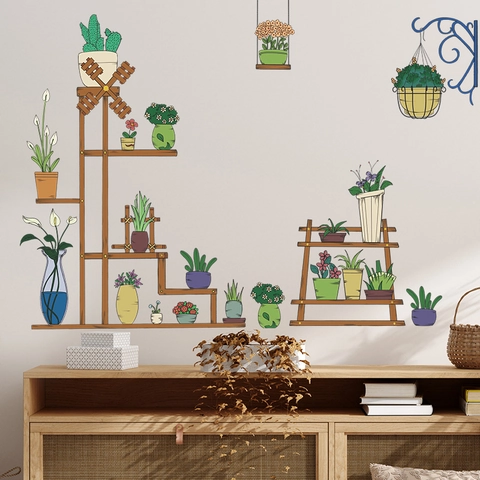 Pegatinas de Pared de Plantas en Maceta Estante de Madera Retro Suculentas Verdes Calcomanías de PVC Autoadhesivas Para Dormitorio Salón Casa