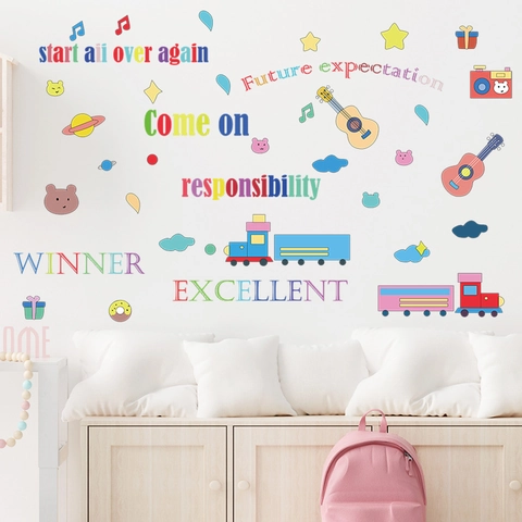 Cartoon Tier Zug Wandtattoo Bunte Englische Slogans Abnehmbare PVC Aufkleber Für Kinderzimmer Kindergarten Klassenzimmer Deko