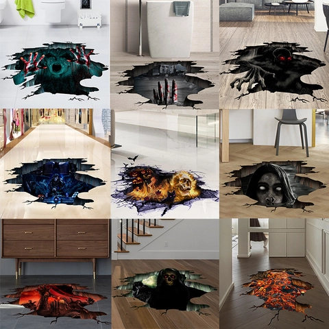 3D Halloween Horror Wall Stickers Waterproof PVC Floor Decals With Ghost Skull Lava Design For Home Spooky Party Decoration