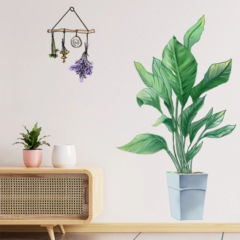 Sticker Mural Plante Tropicale en Pot PVC Auto-adhésif Feuille Verte Lavande Décalcomanie pour Salon Chambre Décoration