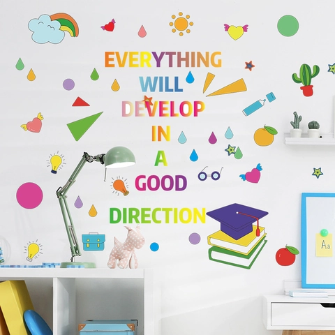 Everything Will Develop In A Good Direction Wall Sticker Colorful English Quote Rainbow Cactus Kids Room Nursery Decor