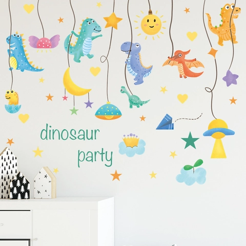 Cartoon Dinosaur Party Wall Stickers Waterproof PVC Self Adhesive Decals Kids Room Nursery Decoration Colorful Dino Wall Art
