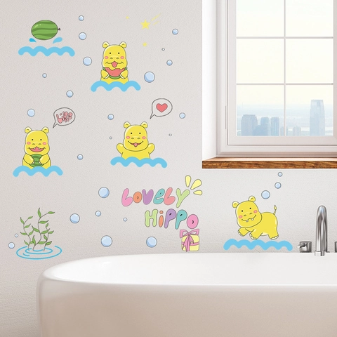 Adesivo da Parete con Ippopotamo Cartone Animato Impermeabile PVC Decalcomania per Bagno Camera dei Bambini Decorazione Domestica