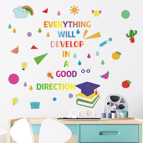 Everything Will Develop In A Good Direction Wall Sticker Colorful English Quote Rainbow Cactus Kids Room Nursery Decor