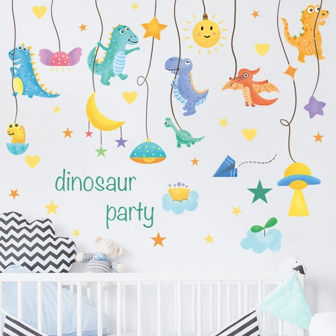 Cartoon Dinosaur Party Wall Stickers Waterproof PVC Self Adhesive Decals Kids Room Nursery Decoration Colorful Dino Wall Art