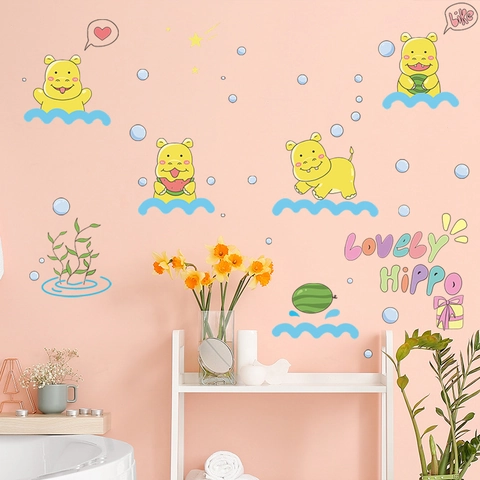 Adesivo da Parete con Ippopotamo Cartone Animato Impermeabile PVC Decalcomania per Bagno Camera dei Bambini Decorazione Domestica