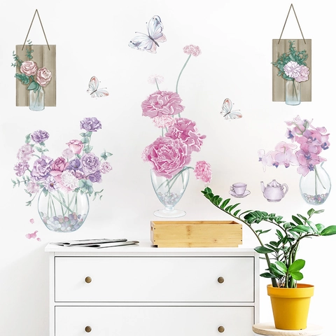 Adesivi Murali con Vaso di Fiori Viola ad Acquerello Farfalla Teiera Tazza Adesivi in PVC per Soggiorno Camera da Letto