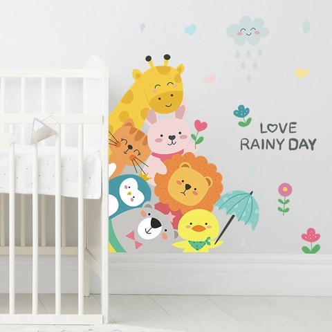 Pegatinas de Pared de Animales de Dibujos Animados para Habitación de Niños Jirafa León Corazón Nubes Día de Lluvia PVC Arte