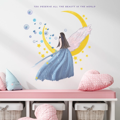 Dreamy Cartoon Moon Princess Girl With Wings Wall Sticker PVC Self-Adhesive Star Butterfly Decal For Kids Room Nursery Home Decor