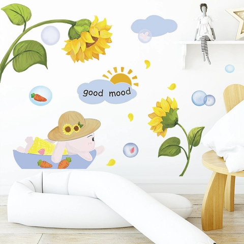 Cartoon Sunflower Rabbit Wall Sticker PVC Waterproof Self Adhesive Wall Decals For Kids Room Nursery Bedroom Home Decoration