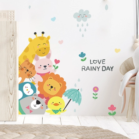 Pegatinas de Pared de Animales de Dibujos Animados para Habitación de Niños Jirafa León Corazón Nubes Día de Lluvia PVC Arte