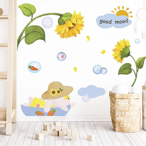 Cartoon Sunflower Rabbit Wall Sticker PVC Waterproof Self Adhesive Wall Decals For Kids Room Nursery Bedroom Home Decoration