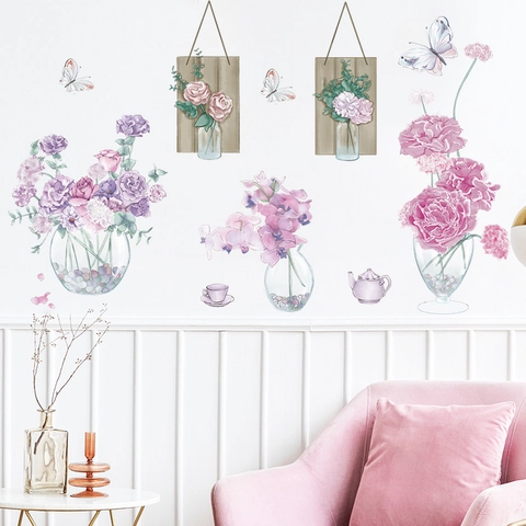 Adesivi Murali con Vaso di Fiori Viola ad Acquerello Farfalla Teiera Tazza Adesivi in PVC per Soggiorno Camera da Letto