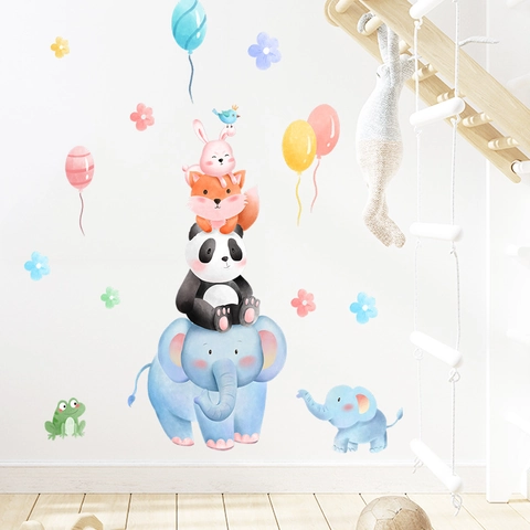 Watercolor Cartoon Animal Wall Stickers Elephant Panda Fox Balloon Removable PVC Waterproof Wall Decal For Kids Nursery Room