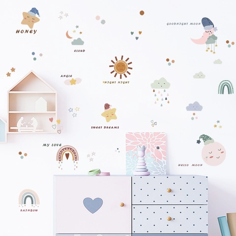 Cartoon Mond Sterne Regenbogen Wandtattoo Für Kinderzimmer Abnehmbare PVC Wetter Thema Aufkleber Für Kindergarten Dekor